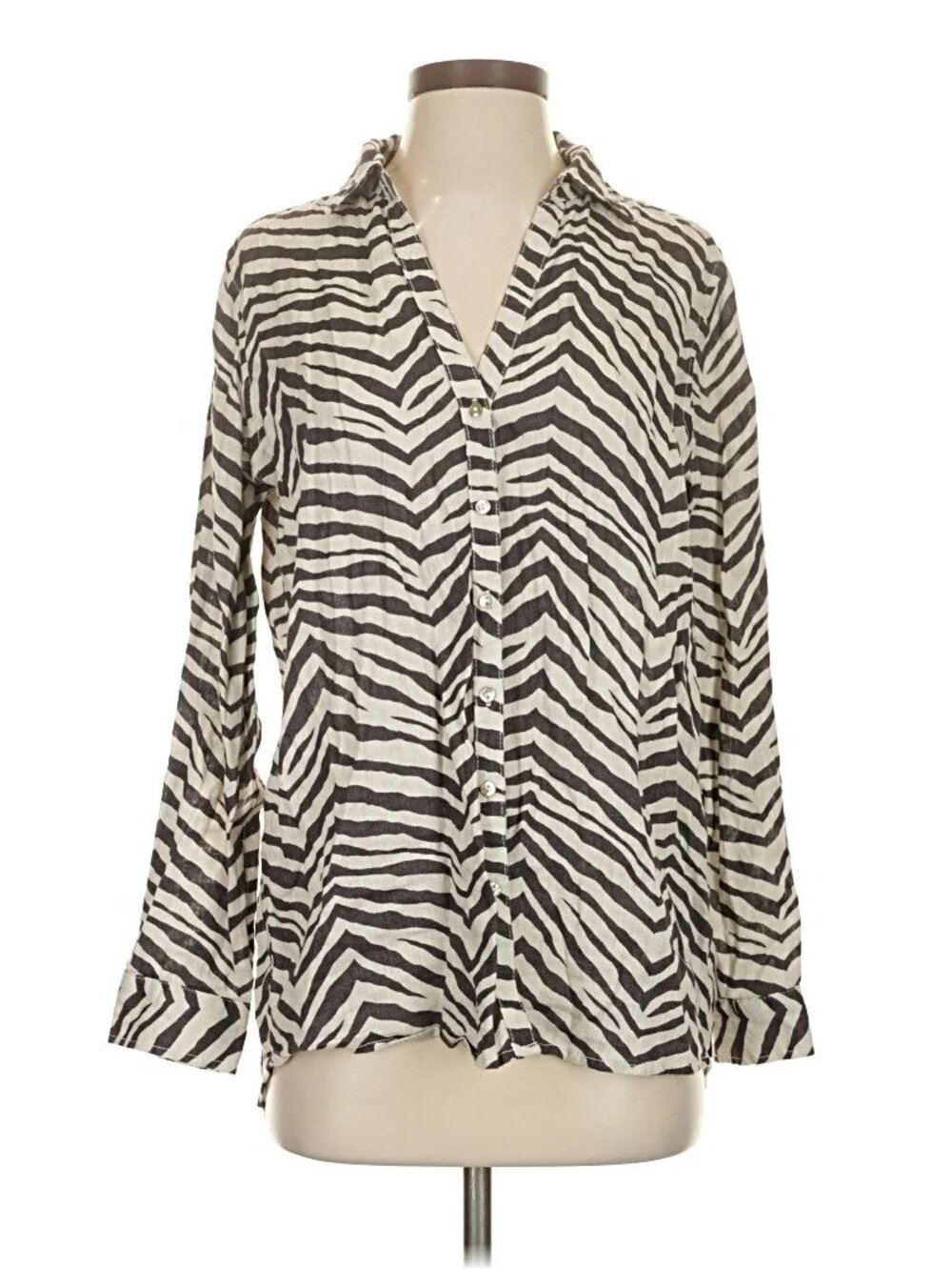 TAHARI 100% linen long sleeve button down shirt in zebra (S)